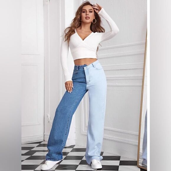 Trendy Shein High Waist Two-Tone Wide Leg Jeans - Picture 3 of 6